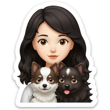 Brown eyed girl with black wavy medium length hair with spitz white dog  sticker