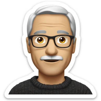 a European middle-aged man wearing glasses, a dark sweater, no mustache sticker