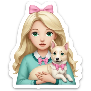 A white Long Wave blonde Hair Woman with blue-green eyes, with a Brown eyed White Shepard  in the arm ,the dog has a little bit beige in then end of the ears and a pink bow in neck . sticker