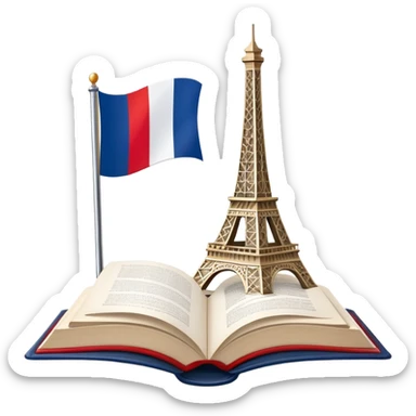 An icon featuring the Eiffel Tower and the flag of France, symbolizing the French language. The design includes an open book with French text, representing language learning and French culture. Transparent background highlights the elegance of the French-speaking world. sticker
