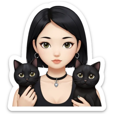 Asian cool girl, black hair, longer than shoulder.  Holding two BLACK cats. one cat has a round fat face, the other one has a slightly slimmer face. Both pure black.  The girl also wearing a black singlet, a black chocker, silver round hook earring, and wearing eyeliner.  sticker