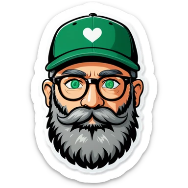 A bold man with a grey baseball cap, green eyes, big beard and glasses with hearts in his eyes sticker
