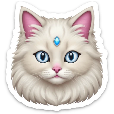 Neva masquerade cat, very fluffy, gray and white, with blue eyes and pink nose sticker