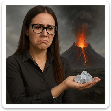 Create a hyperrealistic woman similar to the reference photo, close frontal view, throwing ice towards the volcano's mouth, but the lava remains intact. The expression should show disappointment. The scene is symbolic with detailed features. sticker