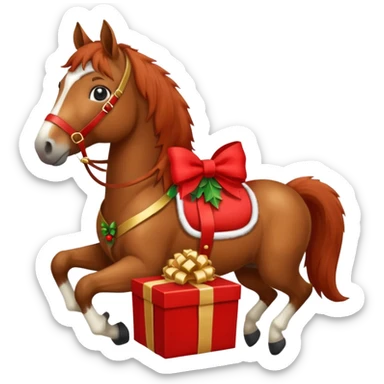 a christmas horse with a red saddle, which has a red gift box with a white bow on the saddle sticker