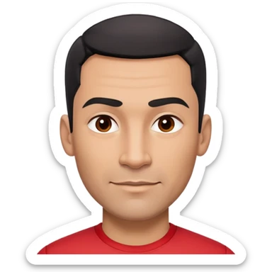 Robust athletic man in his 40s with light brown skin tone, very short black hair with modern fade haircut, strong square face with pronounced cheekbones, thick eyebrows, wide nose, medium lips with friendly smile, wearing red fitted athletic shirt sticker