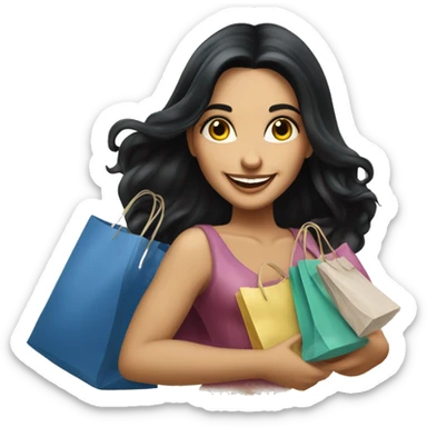 Tanned beautiful italian woman with long black hair smiling and holding bags shopping, luxury realism sticker