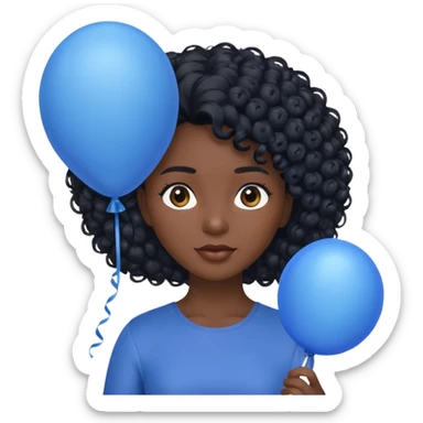 woman with curly black hair and dark face, holding blue balloon sticker