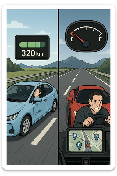"Split screen highway scene: left side fuel-efficient hybrid car smoothly cruising at optimal speed with digital display showing remaining range 320km, serene driver with relaxed expression; right side gas-guzzling sports car speeding aggressively with fuel gauge rapidly dropping toward empty, stressed driver checking gas stations on GPS, Italian autostrada stretching endlessly ahead, mountain landscape backdrop" sticker