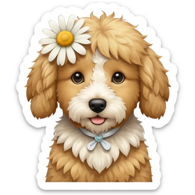 Light golden doodle dog with a daisy sticker