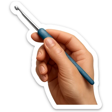 realistic crochet hook in hand, lifelike skin and metal sticker