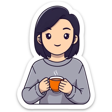 white girl with black hair, self care moment, holding a cup of tea, relaxed sticker