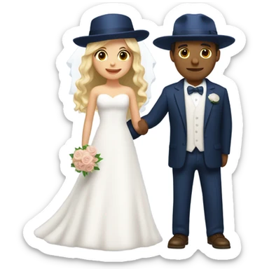 Puerto rican beard short hair with blue hat and navy blue suit getting Married with blond long hair girl with white  wedding dress  sticker