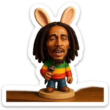 a bobblehead style bunny with Bob Marley's iconic look, wearing reggae-colored clothes, holding a microphone sticker