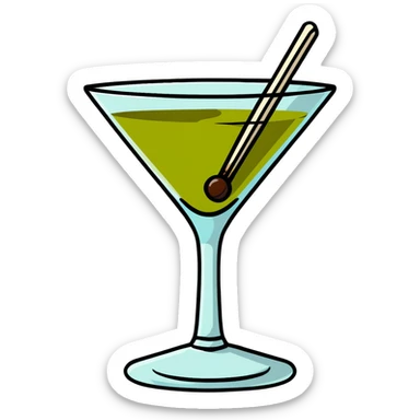 martini glass with clear liquid and an olive at the bottom skewered by a toothpick sticker