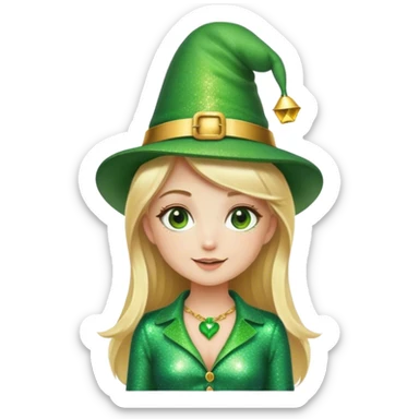 Blonde haired girl in glittery green bell bottoms and tall leprechaun hat sticker