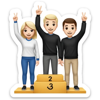 three casually dressed people on a winners podium with the center step higher, black and white, no numbers, center person holding up one finger on each hand, cheerful expressive emoji style sticker