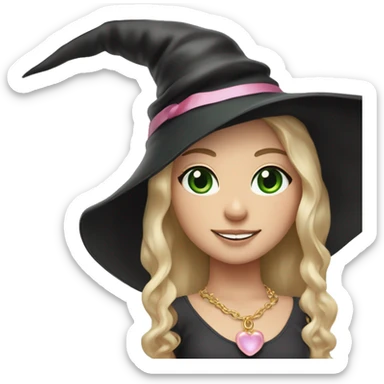 Witchy dark blonde haired green eyed light freckles white girl with a witty smile a gold necklace and a black witch hat with a baby pink bow sticker