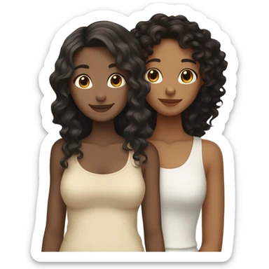 Tall white girl with wavy black hair hugging a tall tan girl with curly dark brown hair sticker