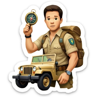 A vintage movie poster-style collage. Include action-packed elements like a treasure map, jungle scenes, a rugged explorer with a compass and a speeding jeep. Add a shadowy figure resembling close-up Mark Wahlberg in adventurous gear. Dramatic lighting, dynamic composition. Transparent background. sticker