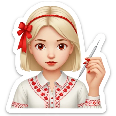 A young Ukrainian girl in a white embroidered shirt holds a red thread and a needle in her hand sticker