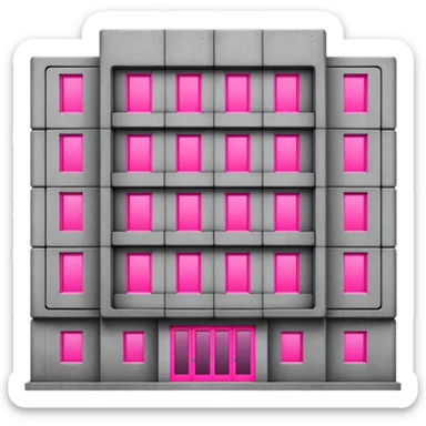 brutalist gray concrete block building with two neon pink windows and many normal windows sticker