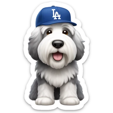 Old English Sheepdog full height wearing a dodgers hat sticker