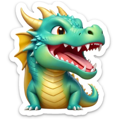 Cinematic Cute Yawning Dragon Portrait Emoji, Head tilted slightly with a dramatic, wide-open yawn, showcasing a soft, lustrous scaled body with gently drooping fins and half-closed, drowsy eyes, each scale rendered in exquisite detail under natural light; high shine, relaxed yet expressive, styled with a dash of fantastical charm, soft glowing outline, capturing the essence of a sleepy yet affectionate dragon that appears ready to stretch out and rest in its enchanted lair! sticker