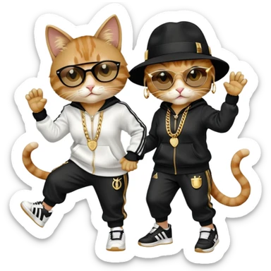 female cat dressed like Run DMC in tracksuit, fedora, Adidas shoes, lots of gold chains, rings, bracelets, earrings, dancing with a friend, no sunglasses sticker