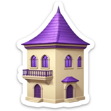 a single tall seclusion tower with large windows above, a purple roof and cream walls, and no entrance sticker
