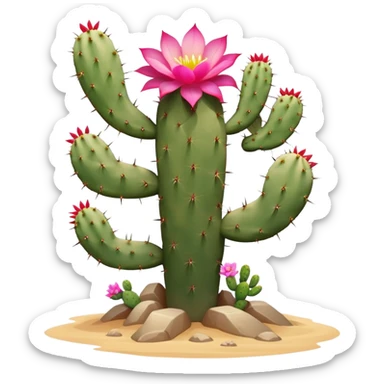 A desert-dwelling plant hybrid creature with cactus spines, blooming flower petals that change color with the temperature, and the ability to burrow underground with root-like limbs during sandstorms. sticker