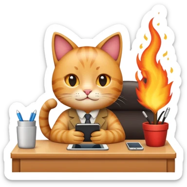 Apple-style emoji illustration of a cute cat character calmly sitting at an office desk, holding a smartphone and looking relaxed, while the office behind is subtly on fire. sticker