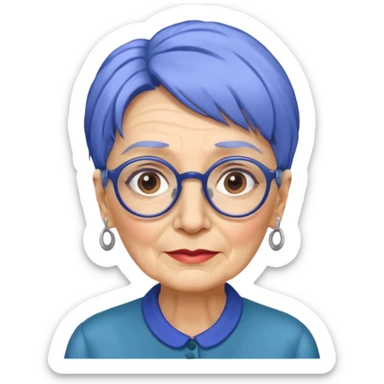 old lady with cobalt hair, wearing glasses, long face sticker
