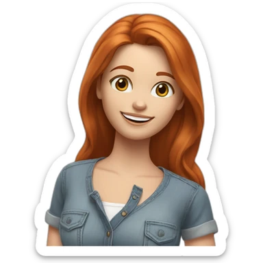 redhead white woman with medium long straight hair, greets smiling, wearing jeans and romantic blouse sticker