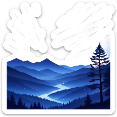 A mesmerizing night sky filled with falling stars, streaking across the dark expanse in bright trails of light. The sky is deep indigo, dotted with distant stars, while the shooting stars create a sense of magic and wonder. The landscape below is tranquil, with silhouettes of trees and mountains, adding to the peaceful, celestial atmosphere. Some of the falling stars are bright and large, while others are smaller, creating a dynamic, sparkling effect in the night sticker