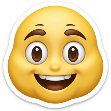 A hyper-realistic 3D render of a cartoon-style emoji face with exaggerated features. The emoji has a bright yellow, smooth, rounded face with large, shiny, expressive brown eyes and raised dark brown eyebrows. It shows an extremely wide, exaggerated smile with perfectly aligned, large  sticker