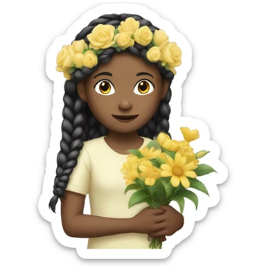 a white child black long hair in braids wearing a pastel yellow jumpsuit with white shirt in it and carrying a flower arrangement in her hands sticker
