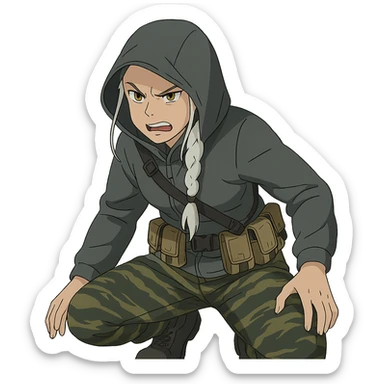 1 female, mid-20's  white hair long braid, gold yellow eyes, gray waterproof tactical shirt hoodie, hood up, single point sling, tan mag pouches on belt rig, tiger stripe camo pants, crouching, angry expression sticker