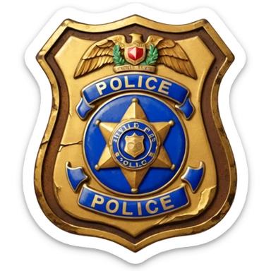 cinematic - aesthetic brilliant divine lighting, oil paint - antique police badge rusty, crumpled and broken sticker