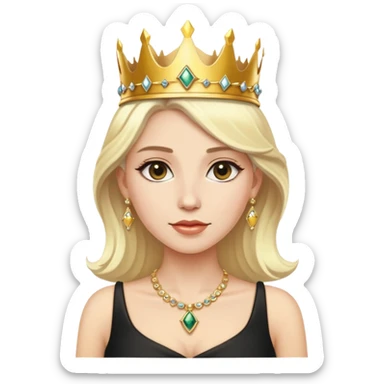 platinum blonde white woman wearing a golden crown, gold jewellery with a black dress sticker