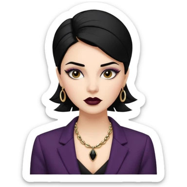 “Emoji girl, sculpted contour, bold dark lipstick, defined brows, sharp eyeliner, sleek black hair updo, statement necklace, black blazer.” sticker
