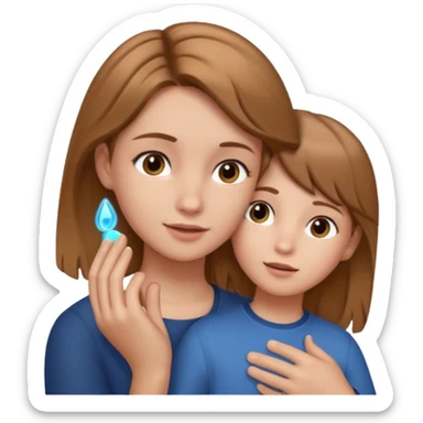 A girl holding an boys ear sticker