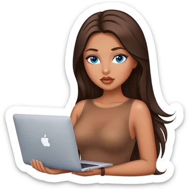 Glamours tanned very beautiful girl with big pump peach lips and dark chocolate straight smooth silky long hair, blue eyes in brown/beige bodysuit with MacBook sticker