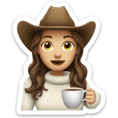 Cozy cowgirl wearing a white sweater and brown cowboy hat sipping coffee. Brunette hair sticker