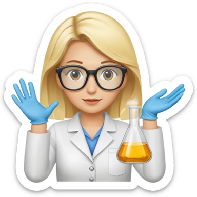 Eine hellblonde Chemikerin mit Kittel, Handschuhen großer Labor-Sicherheitsbrille und typischem Erlmeyerkolben in der Hand sticker