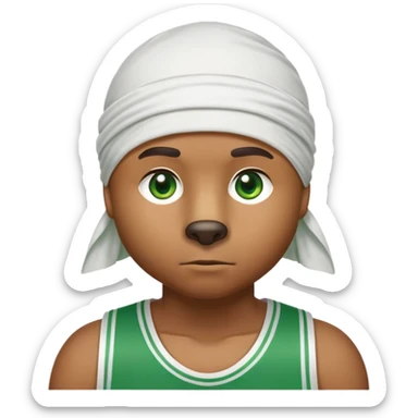 Cool brown bear with green eyes shown to shoulders, white durag, green and white basketball jersey visible on upper chest and shoulders, iOS emoji style sticker