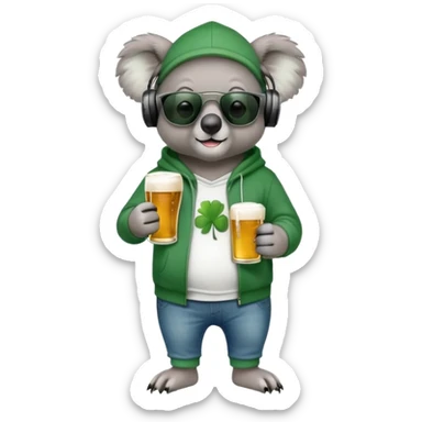 anthropomorphised koala, full body, wearing a hoodie and jeans, dark sunglasses, headphones, dressed for St. Patrick's Day sticker