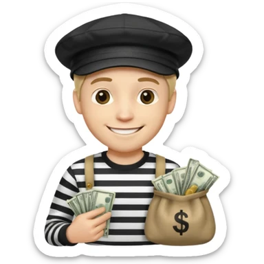 robber with 4 lines of black and white striped shirt and he has a money bag in his hand and a robber hat and he is smiling and he is white sticker