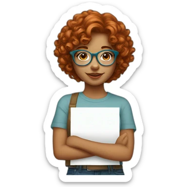 pretty girl with curly copper hair and blue glasses holding a big banner sticker