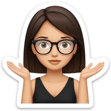 a cute white brunette girl in a black dress wearing glasses  with two hands  sticker